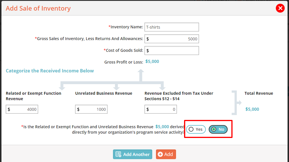 Unrelated Business Income - Add Sale of Inventory