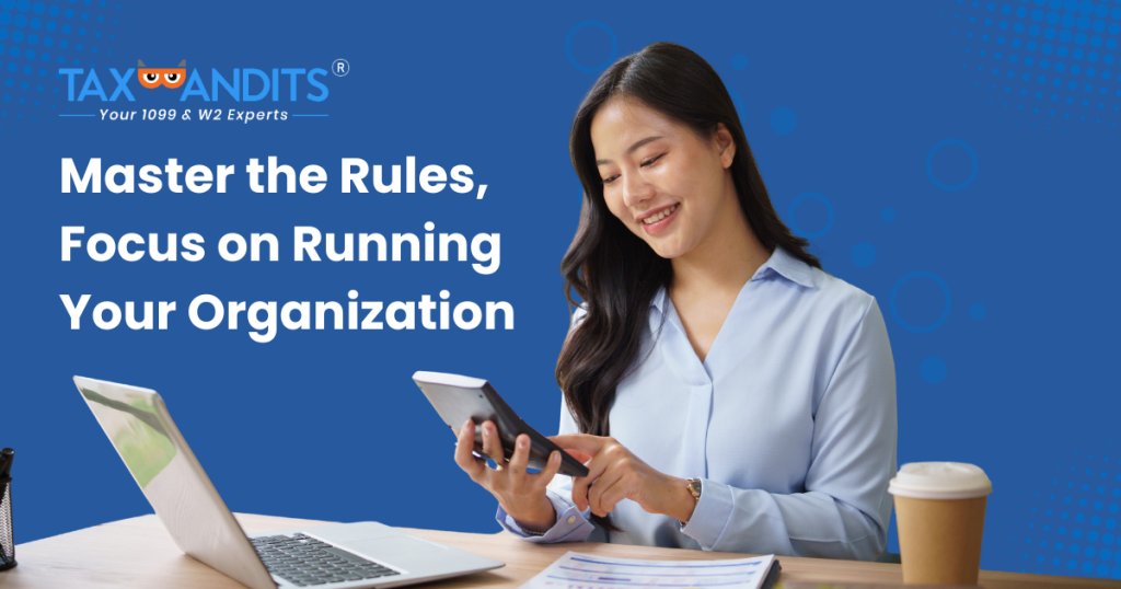 Tax professional smiling as she enters into a calculator. She sits at a desk with paperwork, a laptop, and coffee.