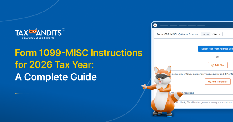 Banner for "Form 1099-MISC Instructions for 2026 Tax Year" showing the TaxBandits mascot pointing to a 1099-MISC e-filing screen